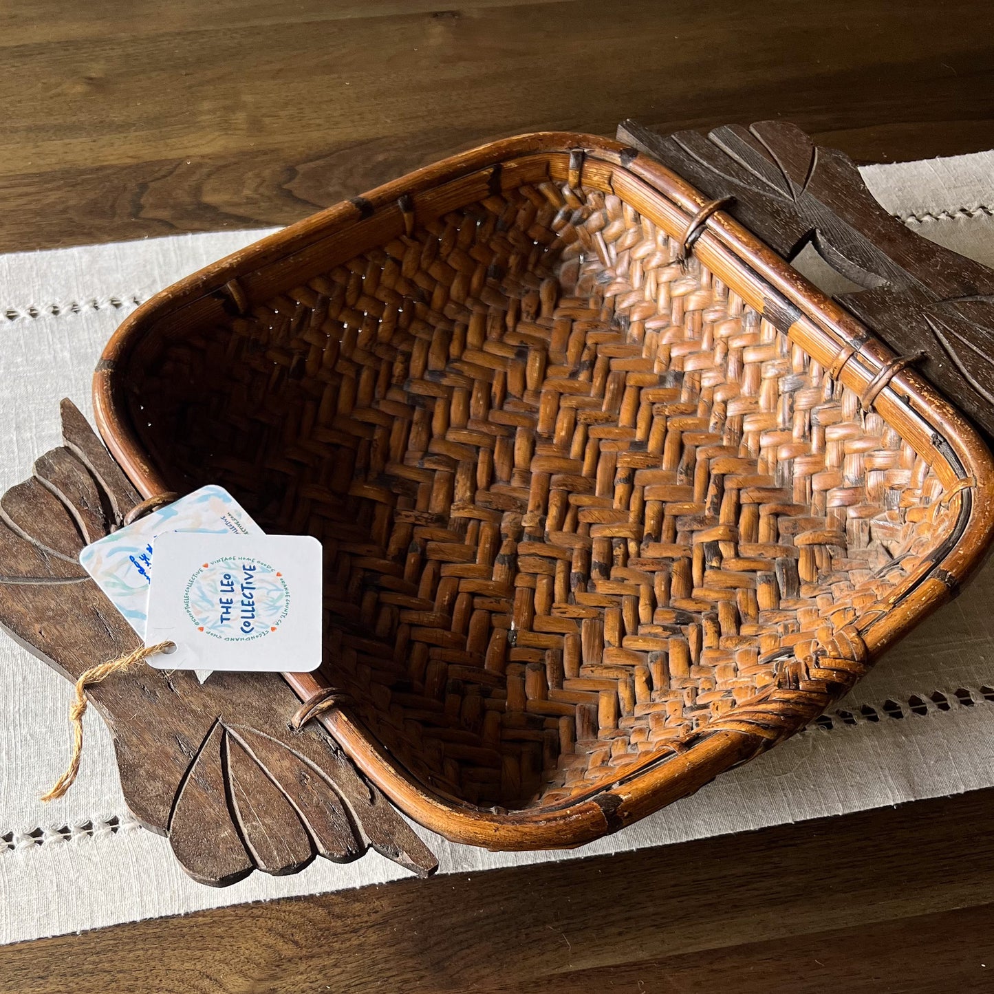 Dark Bamboo Basket w/ Wood Handles