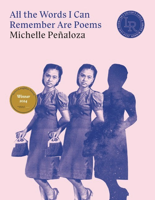 Book cover of All The Words I Can Remember Are Poems by Michelle Peñaloza with repeating image of a woman in a dress against a pink background