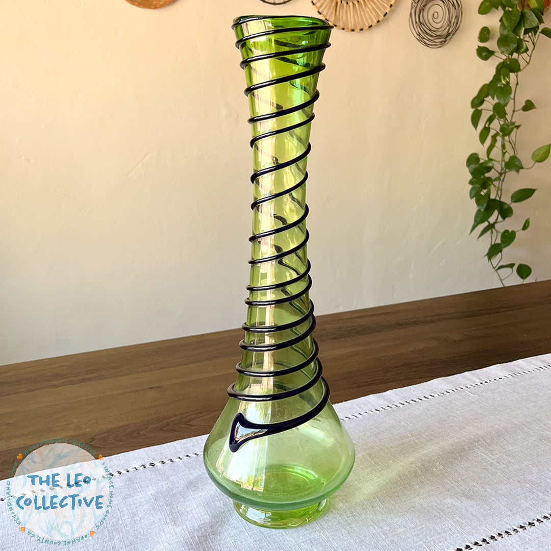 Large Green Glass Vase w/ Blue Spiral
